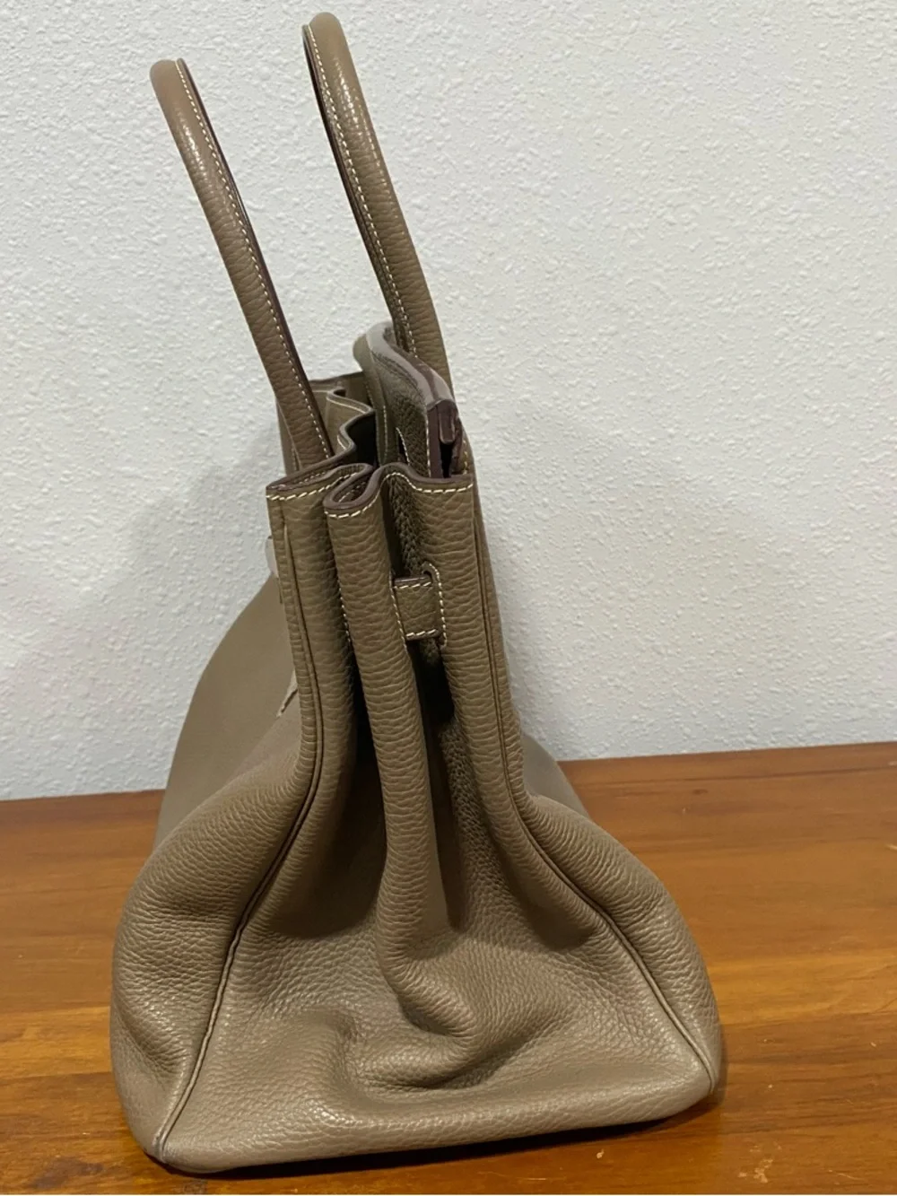 Taupe Leather Top-Handle Satchel - Picture 5 of 15